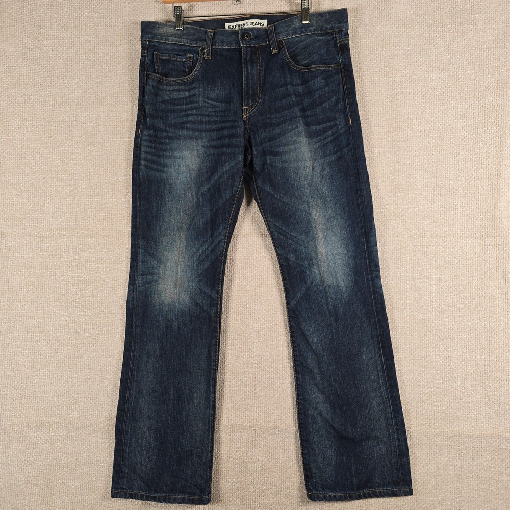 Express Jeans Rocco Mens 34x32 Slim Fit Boot Cut Dark Wash Blue Denim Pants